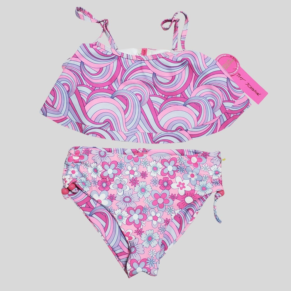NWT Betsey Johnson Girls Pink Swirl Floral Reversible Two Piece Swimsuit Size 14